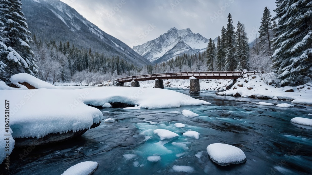 Fototapeta premium A picturesque bridge over a river in winter, with snow gently falling and trees blanketed in frost, creating a quiet, magical scene