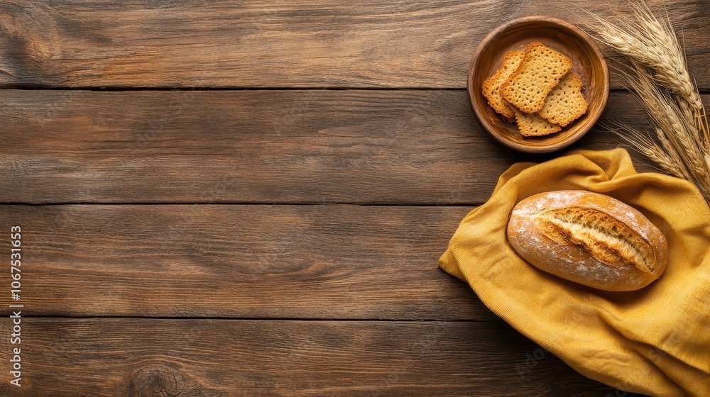 A loaf of freshly baked bread on a wooden table, complemented by a bowl of crisps and wheat sprigs, captures a warm and rustic kitchen vibe. A loaf of freshly baked bread on a wooden table, complemented by a bowl of crisps and wheat sprigs, captures a warm and rustic kitchen vibe.