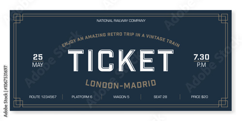 Vintage ticket template on a dark blue background. For excursion routes, retro parties, clubs and other retro projects. Just add your text. Vector, for web and printing.
