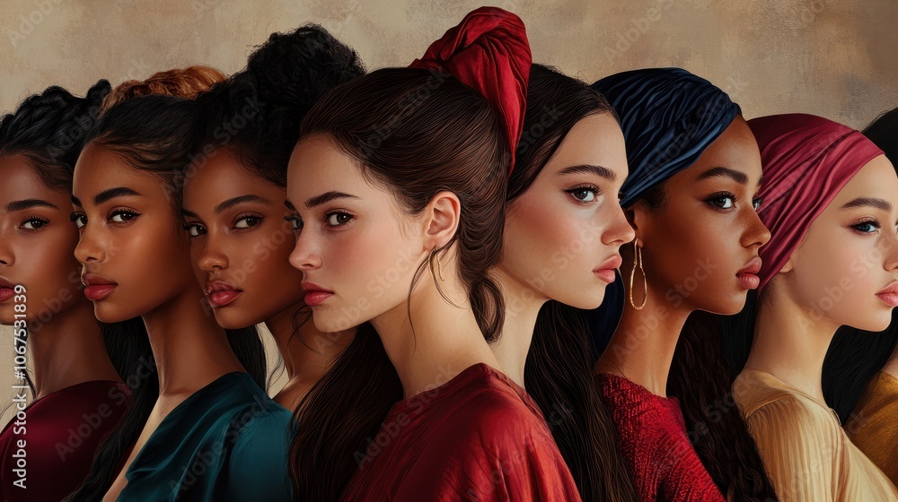 Obraz premium Beauty. Group Of Diversity Models Portrait. Multi-Ethnic Women With Different Skin Types Posing On Beige Background. Tender Multicultural Girls Standing Together And Looking At Camera.