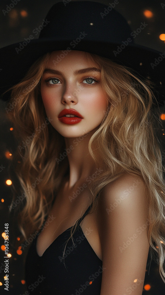 Portrait of a Beautiful Woman in a Black Hat and Dress Portrait of a Beautiful Woman in a Black Hat and Dress