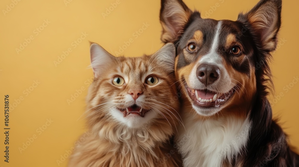 An orange cat and a black-brown dog sit close together, both smiling against a bright yellow backdrop, radiating joy and companionship in a lively setting. An orange cat and a black-brown dog sit close together, both smiling against a bright yellow backdrop, radiating joy and companionship in a lively setting.