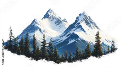 Mountain landscape vector, showing snow-capped peaks with a clear sky, surrounded by pine trees