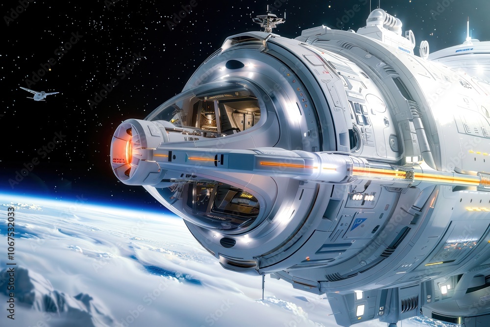 detailed close-up of a futuristic spaceship in orbit above earth with visible cockpit and advanced technology components against a star-filled space background
