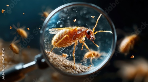 A highly detailed close-up of an insect is viewable under a magnifying glass. The image highlights the intricacy and beauty of insect anatomy in nature. photo