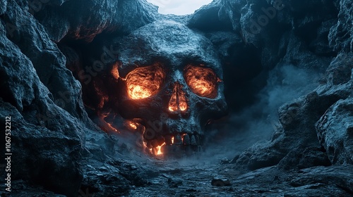 Dark fantasy landscape with terrifying skull-shaped mountain

 photo