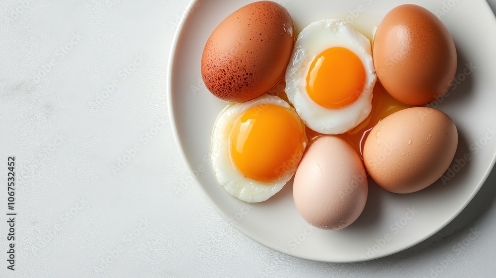 A plate featuring three whole eggs alongside two sunny-side up eggs on a clean white plate, representing morning breakfast and food photography style. A plate featuring three whole eggs alongside two sunny-side up eggs on a clean white plate, representing morning breakfast and food photography style.