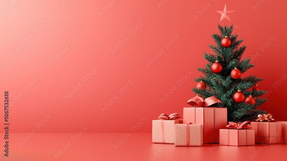 Christmas tree with gifts on a red background for festive holidays. Christmas tree with gifts on a red background for festive holidays.