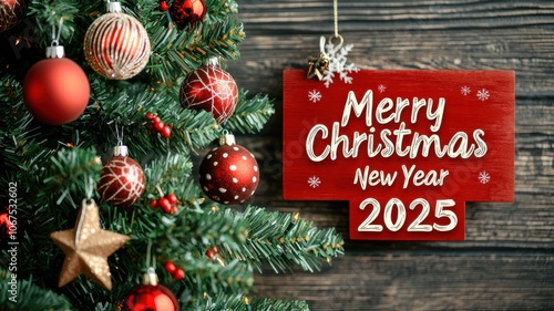 Christmas tree with decorations and festive sign, white isolated background.