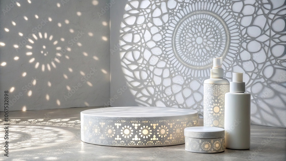 Soft gray background with intricate light patterns creates an ethereal ambiance for product presentation, lighting, display, elegant, minimalist, ambient Soft gray background with intricate light patterns creates an ethereal ambiance for product presentation, lighting, display, elegant, minimalist, ambient