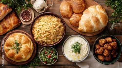 An assortment of freshly baked bread, rice pilaf, creamy dips, and herbs displayed on a rustic wooden table, ready to be served.