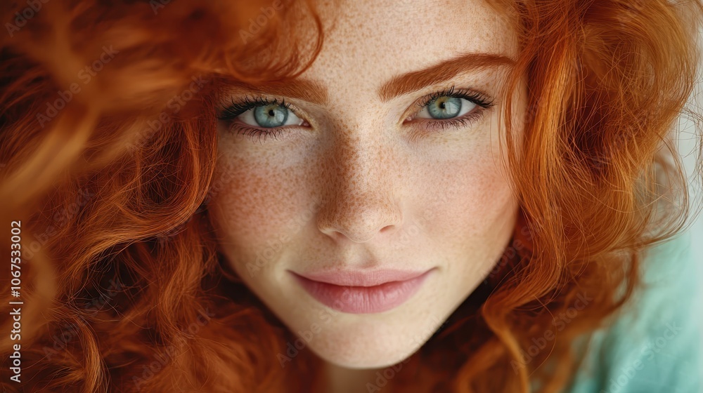 A striking portrait of a woman with vibrant red hair, freckled skin, and intense green eyes, capturing her natural beauty and enchanting gaze up close. A striking portrait of a woman with vibrant red hair, freckled skin, and intense green eyes, capturing her natural beauty and enchanting gaze up close.