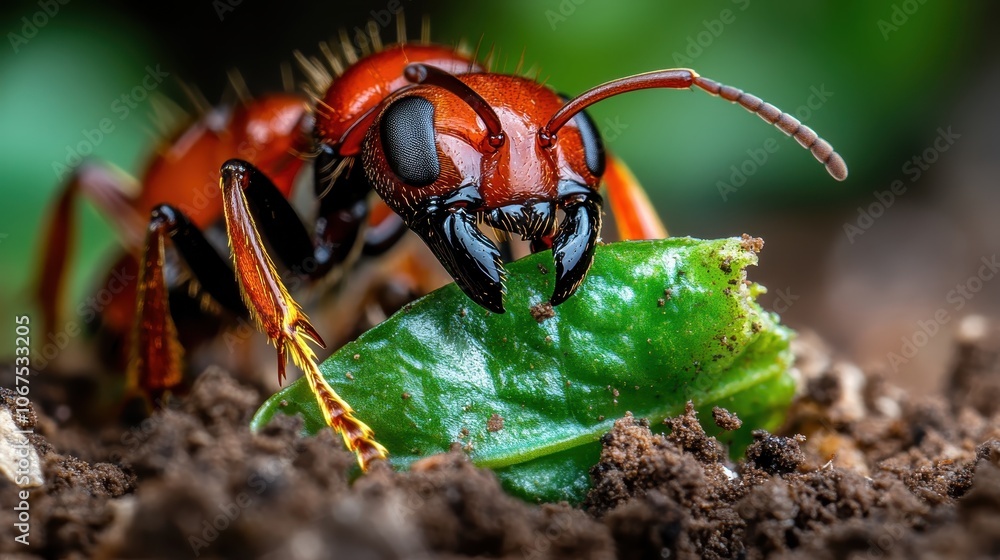 A curious ant closely examines a leaf in its natural habitat, showcasing the close connection between insects and their surroundings. A unique macro shot. A curious ant closely examines a leaf in its natural habitat, showcasing the close connection between insects and their surroundings. A unique macro shot.