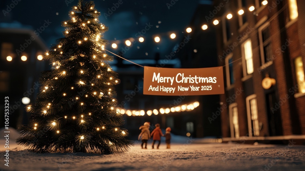 Festive Christmas scene with a sparkling tree and snowy street lights. Festive Christmas scene with a sparkling tree and snowy street lights.
