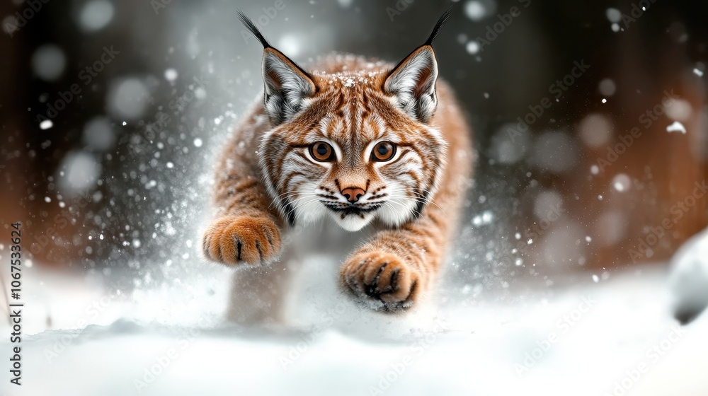 A majestic lynx bounds energetically through the snowy wilderness, capturing the essence of wild nature and raw power, a vivid portrayal of survival and grace. A majestic lynx bounds energetically through the snowy wilderness, capturing the essence of wild nature and raw power, a vivid portrayal of survival and grace.
