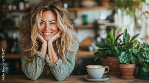 A joyful woman in a cozy cafe setting, surrounded by lush greenery and a warm cup of coffee, symbolizes relaxation, happiness, and the simple pleasures of life. photo