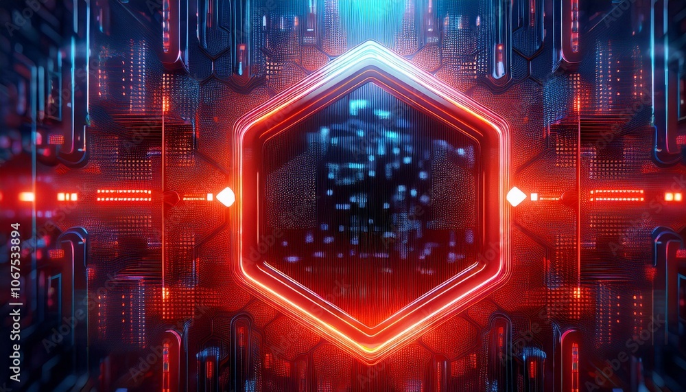 Cybernetic Hexagon: Abstract digital art showcasing a glowing red and blue hexagon within a futuristic, technological structure. Cybernetic Hexagon: Abstract digital art showcasing a glowing red and blue hexagon within a futuristic, technological structure.
