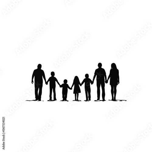 Silhouette of a family holding hands against a white background