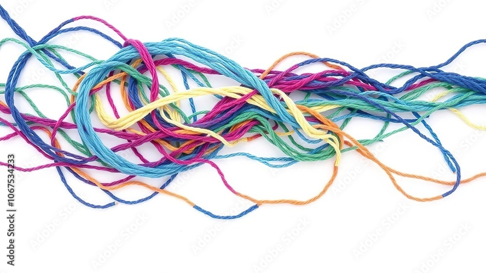 Variocolored thread in a swirling pattern against a clean white background, texture, creative, spool Variocolored thread in a swirling pattern against a clean white background, texture, creative, spool