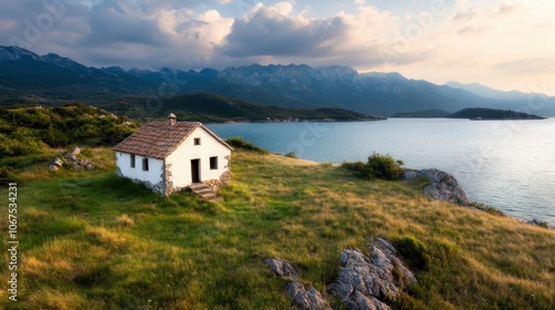 A quaint white cabin rests on a lush green hilltop, overlooking a tranquil lake with magnificent mountains in the background, capturing peaceful nature's essence. photo