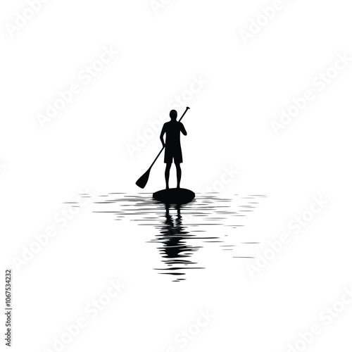 Silhouette of a person on a paddleboard against a white background