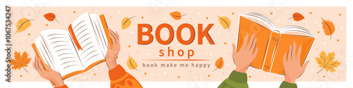 Layout design for bookshop, bookstore or library. Books with autumn bright leaves. Vector illustration for poster, cover, marketing, sale.