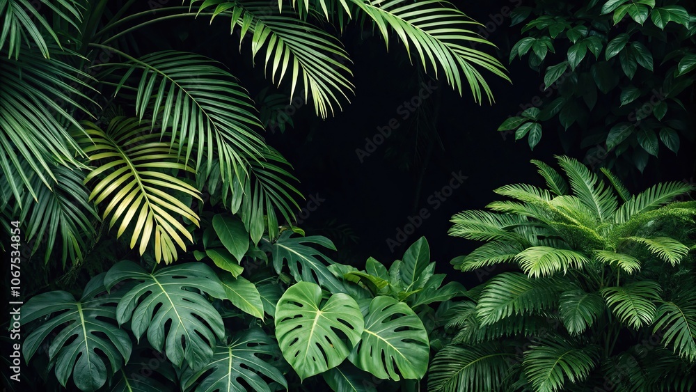 Fototapeta premium Vibrant green foliage of tropical plants against a dark background, dark tones, garden elements, outdoor setting, closeup nature photography