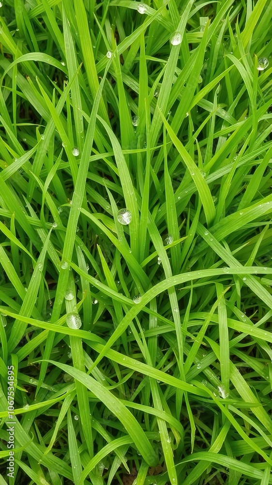 Vibrant green grass field with dew drops on each blade, rural, isolated Vibrant green grass field with dew drops on each blade, rural, isolated
