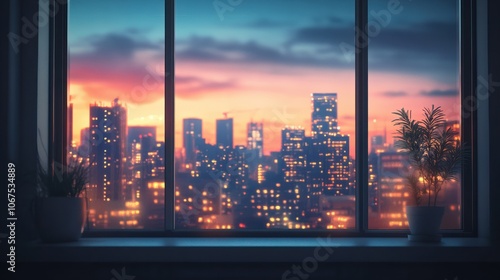 Blurred background of evening cityscape with luminous windows photo