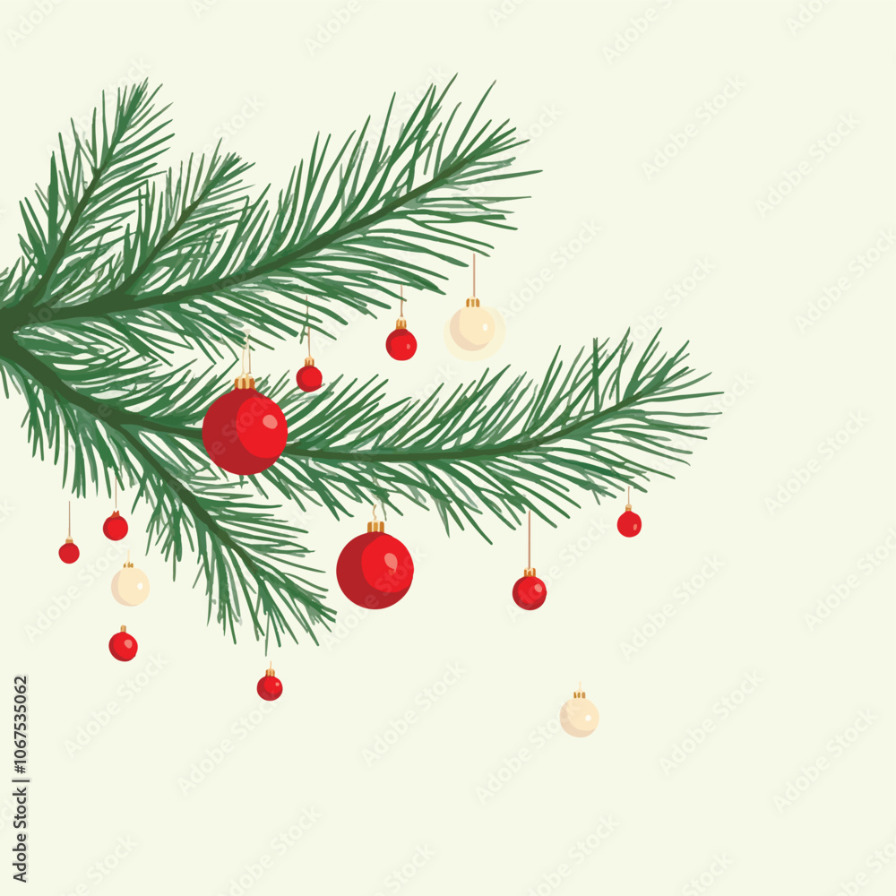 Festive pine tree branch with baubles illustration Festive pine tree branch with baubles illustration