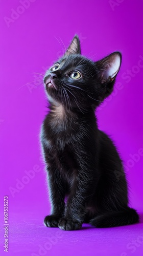 Playful Black Kitten with Green Eyes Against Purple Background