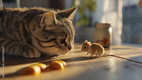 Cat playing with little gerbil mouse on thetable photo