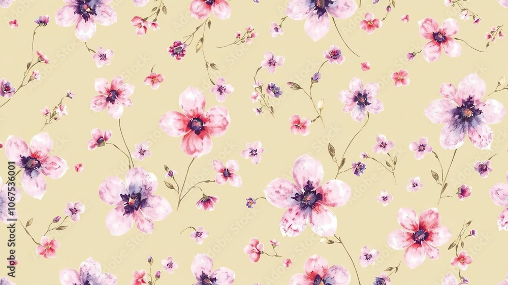 Watercolour floral pattern with delicate pink and purple flowers on a seamless background, painted, modern Watercolour floral pattern with delicate pink and purple flowers on a seamless background, painted, modern