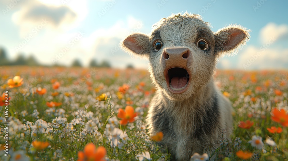 Obraz premium 3D Rendering of a Cute Cow with an Open Mouth on a Pastoral Backdrop