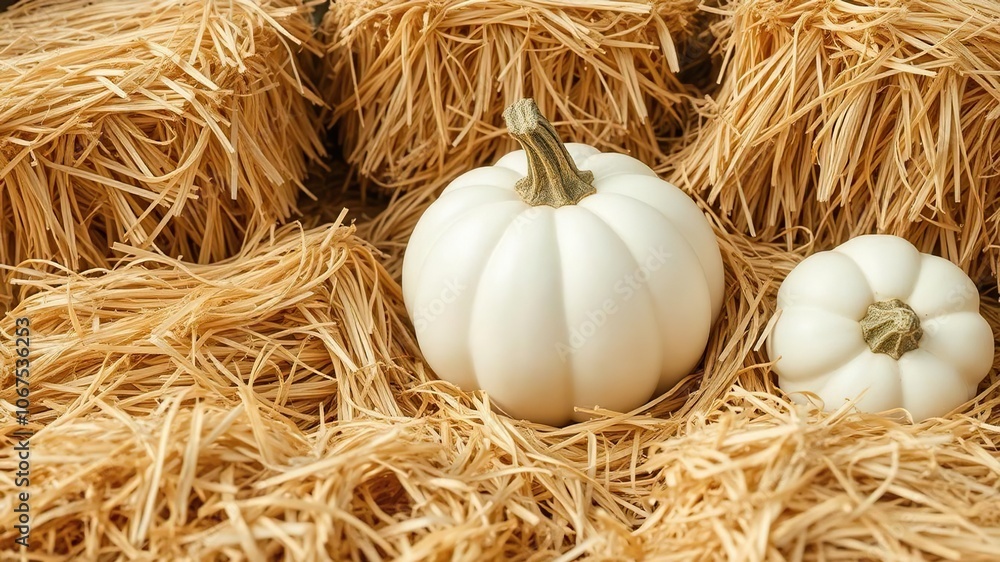 White pumpkin surrounded by golden hay bales, perfect for Halloween decor or autumn themed projects, fall, autumn White pumpkin surrounded by golden hay bales, perfect for Halloween decor or autumn themed projects, fall, autumn