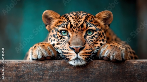 A leopard rests its head on a wooden ledge, exuding a curious yet focused demeanor in a vibrant and captivating wilderness environment. photo