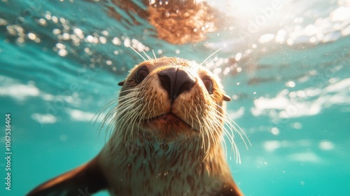 A close-up shot of a playful sea lion swimming under shimmering water. Its expressive eyes and whiskered face show curiosity and joy in this vibrant aquatic scene. photo