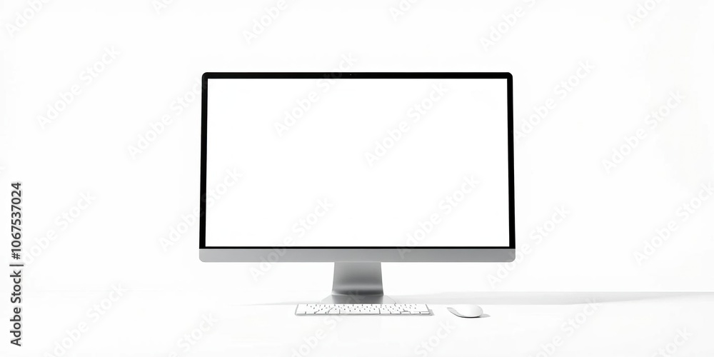 Sleek modern computer desktop with a single screen on a white background, electronics, circuit board Sleek modern computer desktop with a single screen on a white background, electronics, circuit board