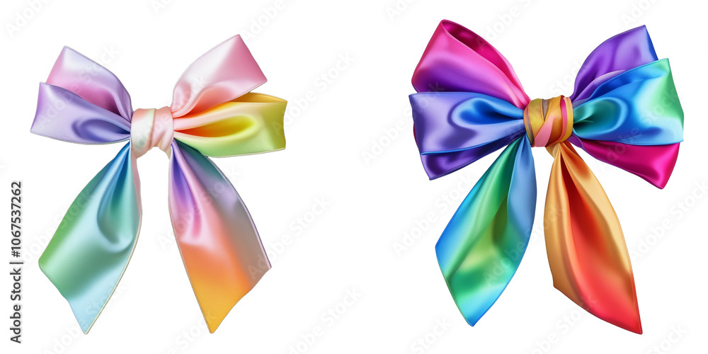 Colorful silk ribbons tied in artistic bows with a vibrant palette on a white background Colorful silk ribbons tied in artistic bows with a vibrant palette on a white background