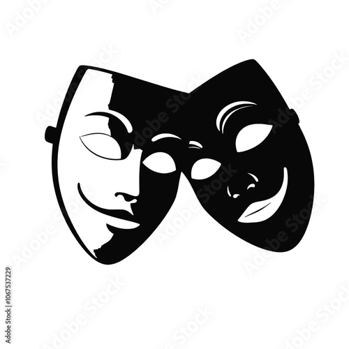A vector silhouette of two theater masks representing the classic symbols of comedy and tragedy