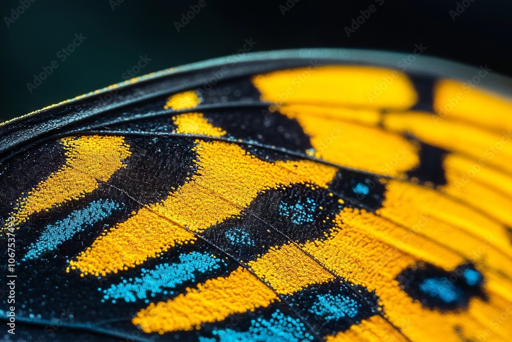 Close-up macro photography of a butterfly wing pattern showcasing vibrant yellow and black colors with blue highlights. AI generated illustration Close-up macro photography of a butterfly wing pattern showcasing vibrant yellow and black colors with blue highlights. AI generated illustration