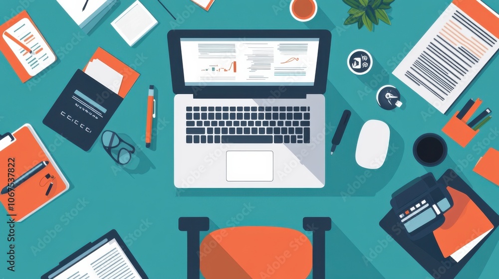 Remote work business office, showing a home-based workspace with a laptop, chair, and office supplies Remote work business office, showing a home-based workspace with a laptop, chair, and office supplies