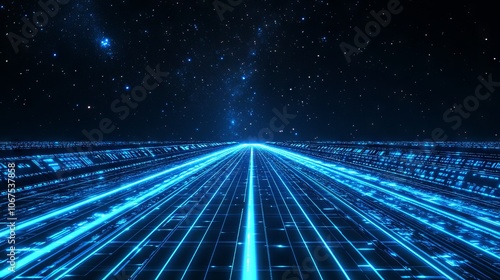 Futuristic Road Under a Starry Sky with Glowing Blue Lines. AI generated illustration