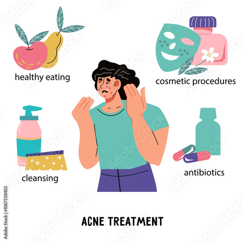 Facial skin care and beauty treatments. Woman with acne follows cosmetologist advice on treating and preventing spots. Advertisement of Stop acne skin care treatments and products, flat vector illustr