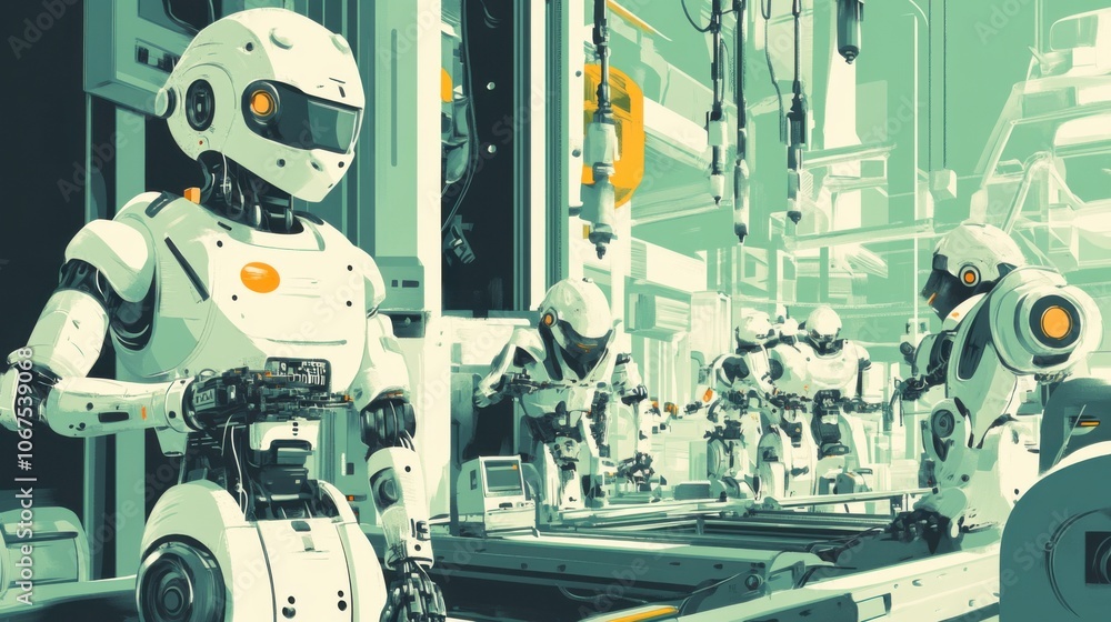 Robotics engineering illustration, showing robots working in a factory setting, flat and bright vector Robotics engineering illustration, showing robots working in a factory setting, flat and bright vector