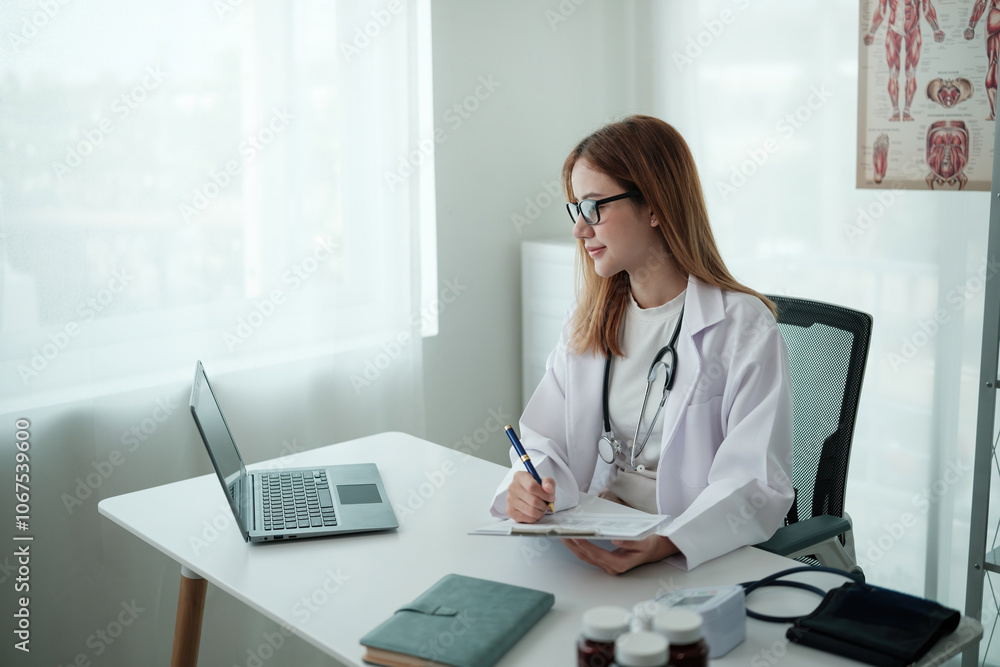 A woman in a white lab coat is sitting at a desk with a laptop and a pen A woman in a white lab coat is sitting at a desk with a laptop and a pen