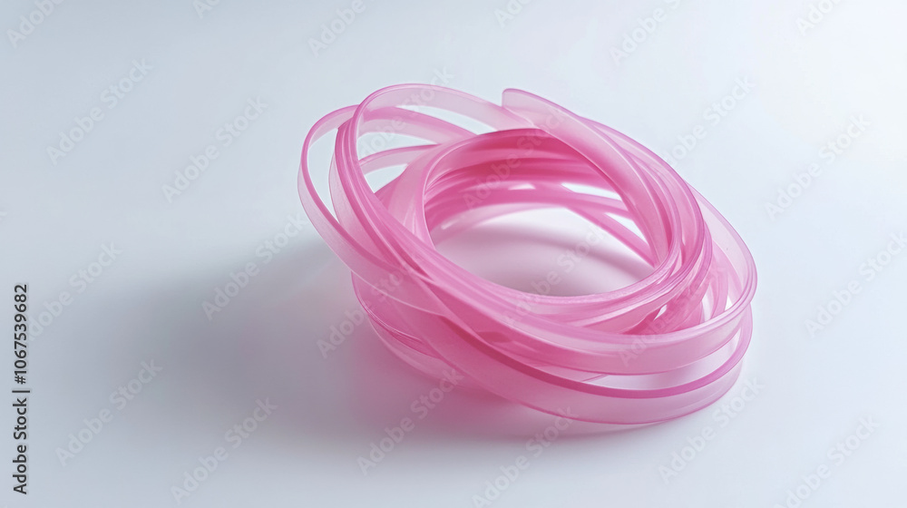 close up of pink rubber band coiled on white surface, showcasing its texture and color close up of pink rubber band coiled on white surface, showcasing its texture and color