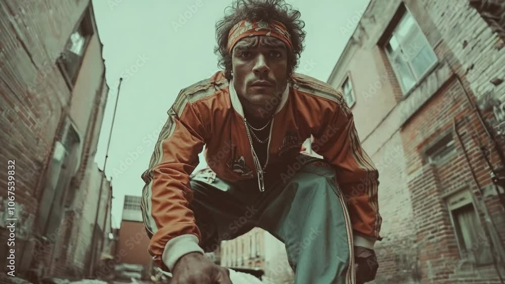 Dynamic low-angle shot of a man in retro sportswear crouching in an urban alley, captured in slow motion, evoking a gritty 70s street vibe and energetic style Dynamic low-angle shot of a man in retro sportswear crouching in an urban alley, captured in slow motion, evoking a gritty 70s street vibe and energetic style