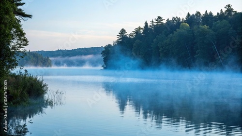 A delicate blue mist rises from a peaceful lake, subtle hues, natural beauty