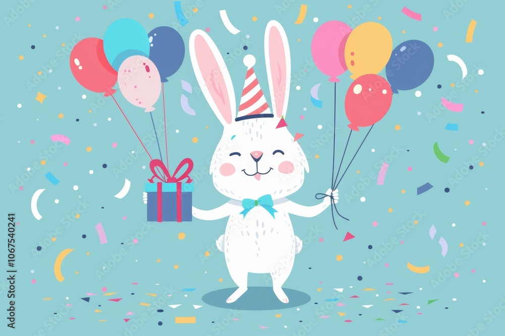 Festive bunny celebration with balloons and confetti Festive bunny celebration with balloons and confetti